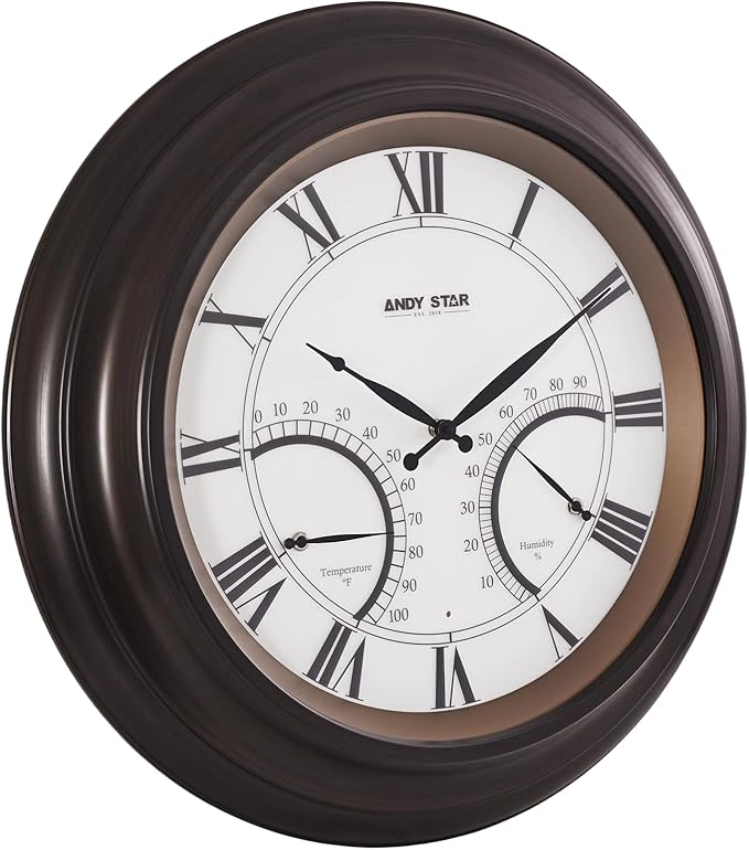 ANDY STAR 24 Inch Outdoor Clocks Waterproof,Large Outdoor Wall Clocks for Patio with Thermometer, Weatherproof Illuminated Clock Battery Operated with Thermometer&Hygrometer,Oil Rubbed Bronze Black