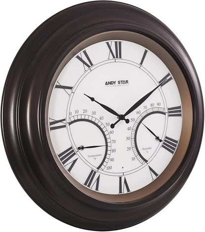ANDY STAR 24 Inch Outdoor Clocks Waterproof,Large Outdoor Wall Clocks for Patio with Thermometer, Weatherproof Illuminated Clock Battery Operated with Thermometer&Hygrometer,Oil Rubbed Bronze Black