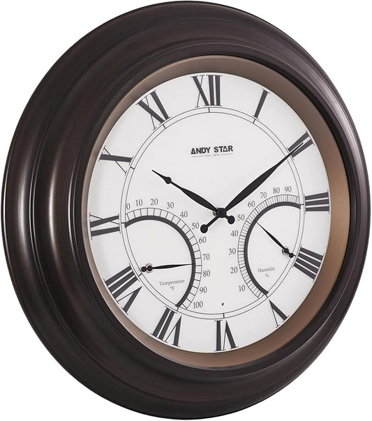 ANDY STAR 24 Inch Outdoor Clocks Waterproof,Large Outdoor Wall Clocks for Patio with Thermometer, Weatherproof Illuminated Clock Battery Operated with Thermometer&Hygrometer,Oil Rubbed Bronze Black