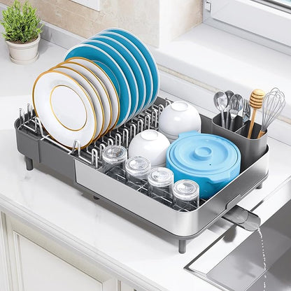 Urackify Dish Drying Rack - Dish Drainer for Kitchen Counter, Stainless Steel Dish Rack with Swivel Draining Spout & Drain Board, Expandable Space-Saving Kitchen Dish Organizer for 3-4 People, Grey