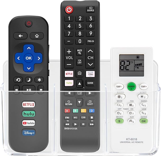 3 Compartments Remote Control Holder Wall Mount, TV Controller Holder, Self Adhesive Remote Holder, Wall Pen Holder Storage Accessories for Home Office School (Clear)