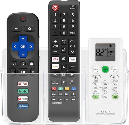 3 Compartments Remote Control Holder Wall Mount, TV Controller Holder, Self Adhesive Remote Holder, Wall Pen Holder Storage Accessories for Home Office School (Clear)