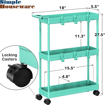 Simple Houseware 3-Tier Slim/Narrow Storage Cart with Handle, 5.5'' Wide x 27.5'' Height Rolling Organizer for Kitchen, Bathroom, Laundry Room - Turquoise
