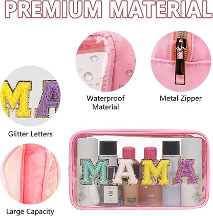 Iqimott Clear Patch Makeup Bag Mama Pouch, Preppy Personalized Chenille Letter Cosmetic Pouch for Travel, Nylon Waterproof Travel Essentials Zipper Toiletry Bags for Women Girls(MAMA, Pink)