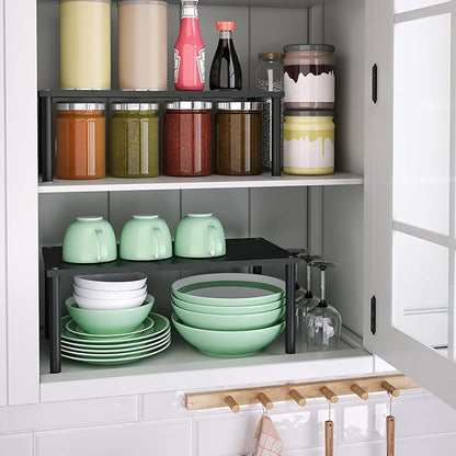 VERTORGAN Cabinet Organizer Shelf(Set of 2),Kitchen Counter Shelves,Bamboo Spice Rack Countertop and Cabinet,Stackable Expandable,Large(Black)