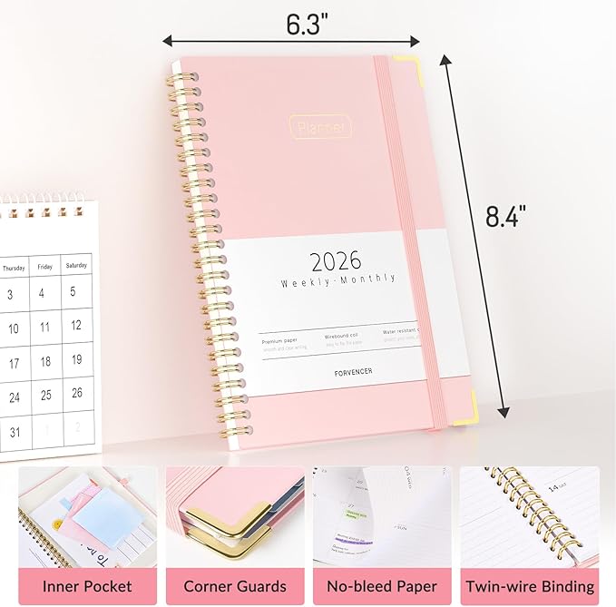 Forvencer 2026 Planner, Hardcover Calendar Planner Weekly and Monthly, Jan 2026 - Dec 2026, 6" x 8", Spiral Agenda Book with Tabs, Exquisite Daily Journal Organizer for Home School, Black