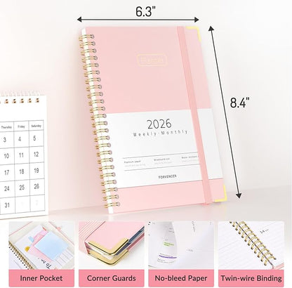Forvencer 2026 Planner, Hardcover Calendar Planner Weekly and Monthly, Jan 2026 - Dec 2026, 6" x 8", Spiral Agenda Book with Tabs, Exquisite Daily Journal Organizer for Home School, Black