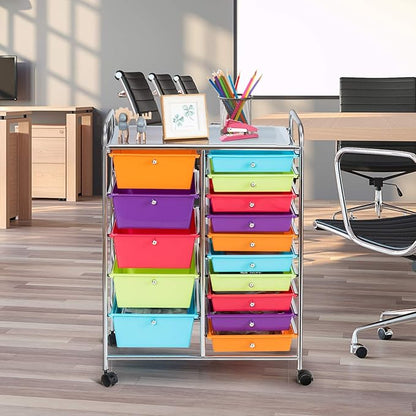 LDAILY 15 Drawer Rolling Storage Cart, Rolling Cart with Drawers for Classroom, Art Supply Craft Organizer on Wheel with Metal Frame & Handles for Home Office School