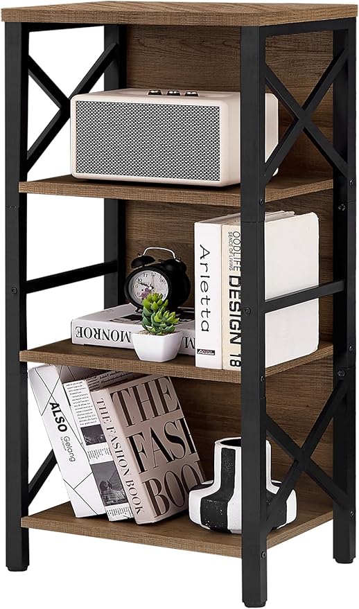 MNEETRUNG Small Bookshelf,4 Tier Industrial Bookcase with Metal Frame and Backboard,Narrow Rustic Brown Book Shelf,Book case for Small Spaces,Living Room,Bedroom and Home Office