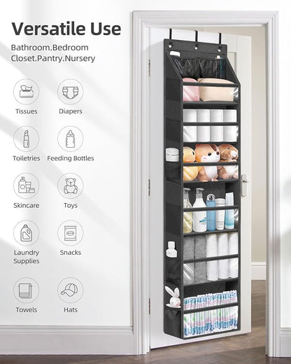 STORAGE MANIAC Over the Door Organizer 6-Shelf Closet Hanging Storage with 14 Mesh Pockets, 66lbs Capacity Clear Deep Pockets Behind Door Storage for Nursery, Bathroom, Bedroom, 1 Pack Black