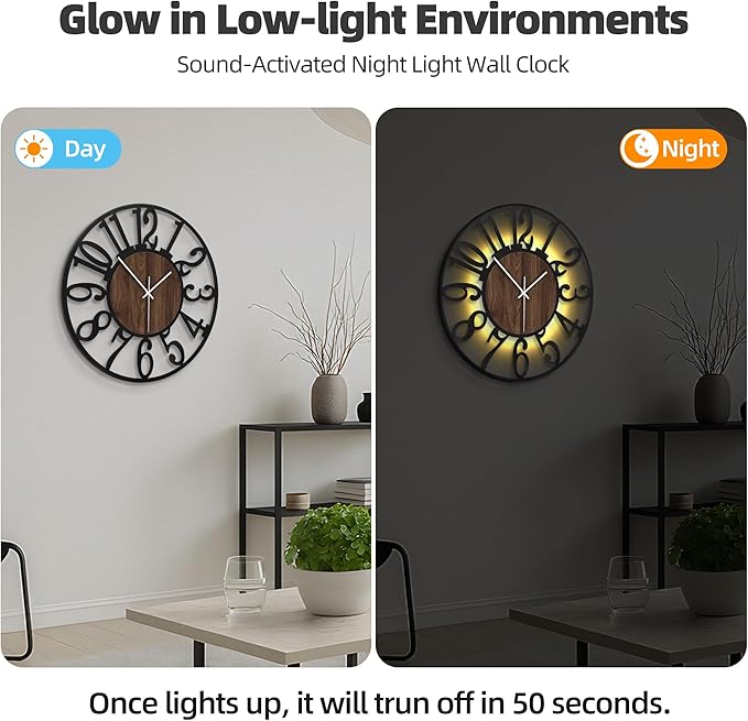 24'' Silent Wall Clock with Night Light, Glow in The Dark Decorative Wall Clock Battery Operated, Rustic Modern Metal & Wood Clocks for Bedroom Living Room Decor, Arabic Numerals