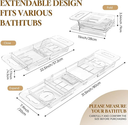 Expandable Clear Acrylic Bathtub Tray Caddy, Foldable Tub Bath Tray with Drain Slots, Slip-Resistant Waterproof Bathroom Shelf Caddy & Home Spa Gift for Women