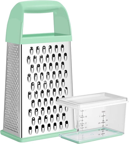 Urbanstrive Cheese Grater With Container, Professional Cheese Grater with Handle, Stainless Steel Graters for Kitchen Handheld, Box Grater with 4 Sides for Vegetables, Ginger, Potatoes (Mint Green)