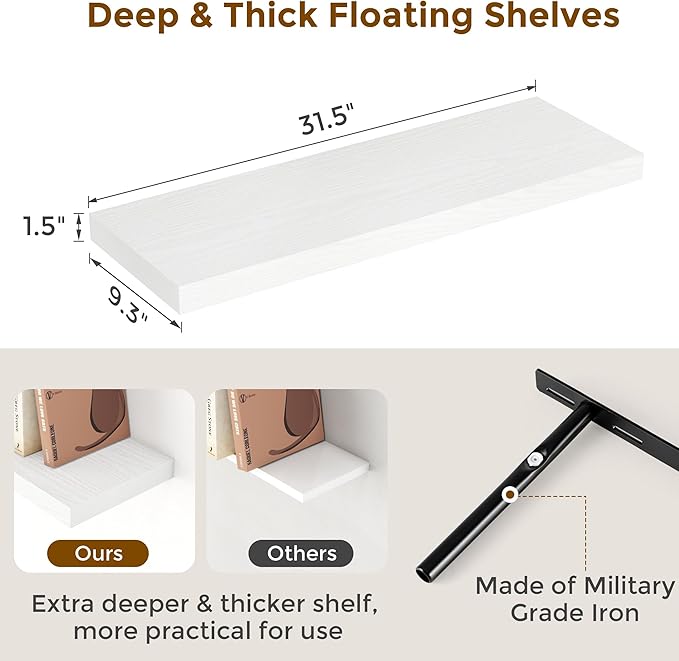 Fun Memories 32" W x 9.3" D Floating Shelves in White, Rustic Wood Deep Shelves for Bedroom, Kitchen, Living Room, Long Floating Shelf for Wall, Storage Display Wall Shelf for Books Decor