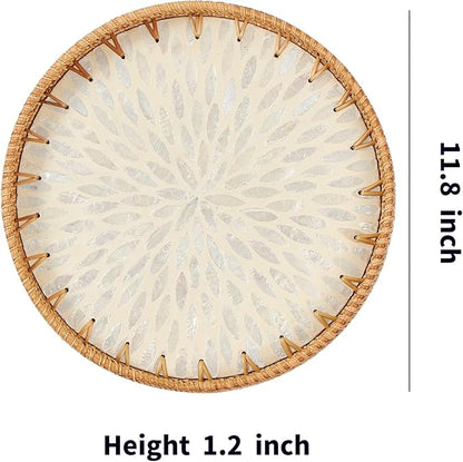 Kmelep Round Rattan Tray with Mother of Pearl Inlay, Rattan Serving Tray with Wooden Base, Decorative Wicker Basket for Table Decor, Storage and Display of Coffee Bread Food Fruit (Leaf 2)