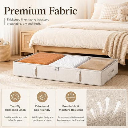 Vailando Side-Supported Under Bed Storage Containers, 6 Inches Tall 60L Underbed Storage Bins with Sturdy Handles and Sidewalls, Closet Organizer for Clothes, Blankets, Seasonal Items, Beige, 2-Pack