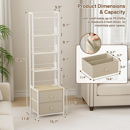CD Storage Rack with Drawer, 5-Tier DVD Organizer Shelf w/Adjustable Book Stoppers, Media Storage Rack for CD/DVD, Books & Games, Ideal for Living Room & Home Office – 15.7x11.8x56.5Inches