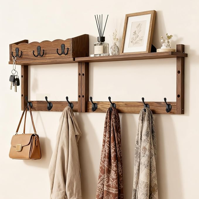 28" Coat Rack Wall Mount with Shelf, Entryway Key Holder Wall Mount Wood Wall Coat Hooks with 7 Hooks 3 Key Hanger, Wall Mounted Coat Rack Mail Holder for Living Room, Bedroom