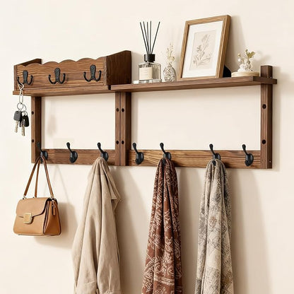 28" Coat Rack Wall Mount with Shelf, Entryway Key Holder Wall Mount Wood Wall Coat Hooks with 7 Hooks 3 Key Hanger, Wall Mounted Coat Rack Mail Holder for Living Room, Bedroom
