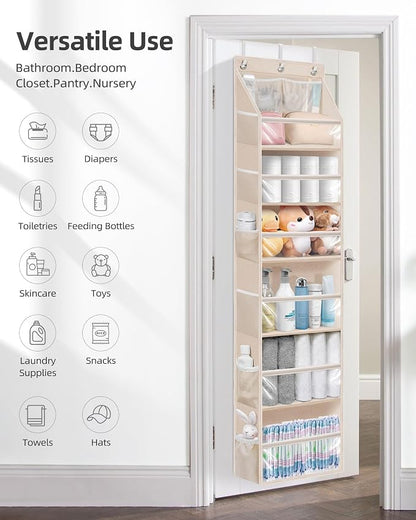 STORAGE MANIAC Over the Door Organizer 6-Shelf Closet Hanging Storage with 14 Mesh Pockets, 66lbs Capacity Clear Deep Pockets Behind Door Storage for Nursery, Bathroom, Bedroom, 1 Pack Oat Beige