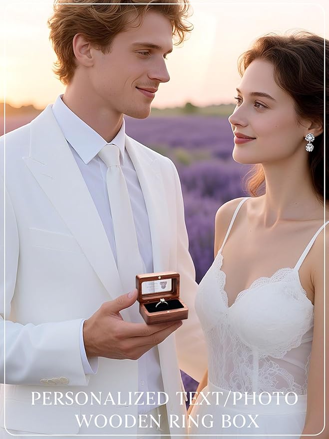Custom4U Personalized Photo Ring Box Vintage Wooden Ring Box for Wedding Ceremony Custom Name and Date Rectangle Storage Jewelry Box for Her Him