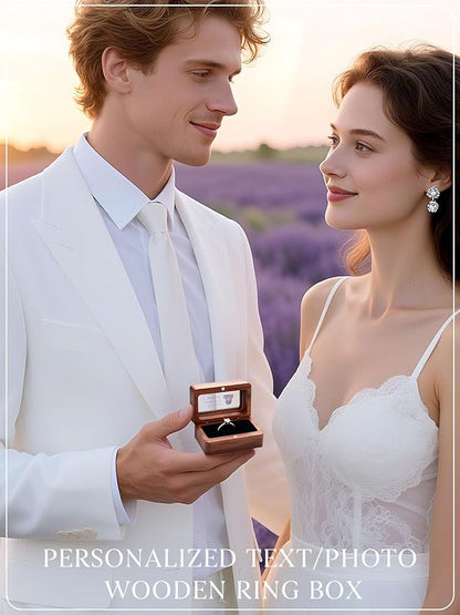 Custom4U Personalized Photo Ring Box Vintage Wooden Ring Box for Wedding Ceremony Custom Name and Date Rectangle Storage Jewelry Box for Her Him