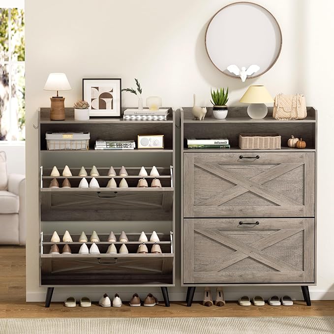 EOYUTLLY Shoe Cabinet with Bench, Shoe Organizer Cabinet with 2 Flip Drawers & Open Shelf, Narrow Shoe Storage Cabinet for Entryway, Freestanding Shoe Rack with Legs, Grey