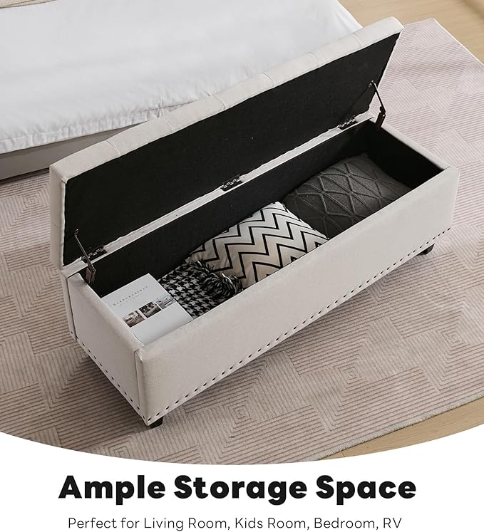 Tbfit 50.8“ Large Ottoman Storage Bench for Bedroom, Oversized Tufted Upholstered Entryway Benches End of Bed, Rectangle Dorm Foot Stool with Safety Hinge & Solid Wood Legs, Loads 660 lb, Beige