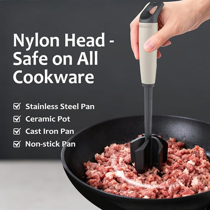Ourokhome Meat Chopper and Potato Masher, Heat Resistant Nylon Ground Beef Smasher for Hamburger, 5 Curved Blades Nonstick Safe Mixer & Stirrer, Practical Kitchen Gadgets, Almond