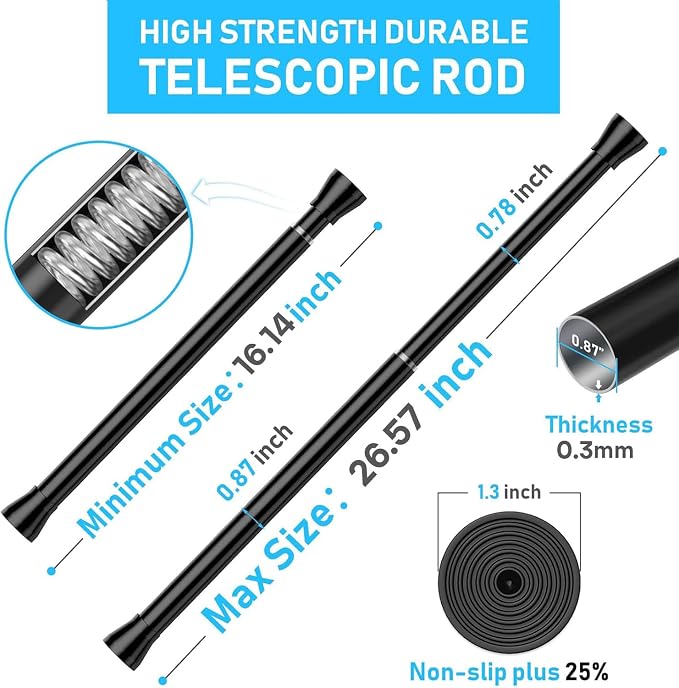 MEXAU 2 Pack Black Shower Curtain Rod 16 To 26 Inch Tension Shower Rod For Bathroom 7/8" Adjustable Spring Curtain Rod No Drilling Spring Rod Black Tension Curtain Rods for Windows Doorway Closet