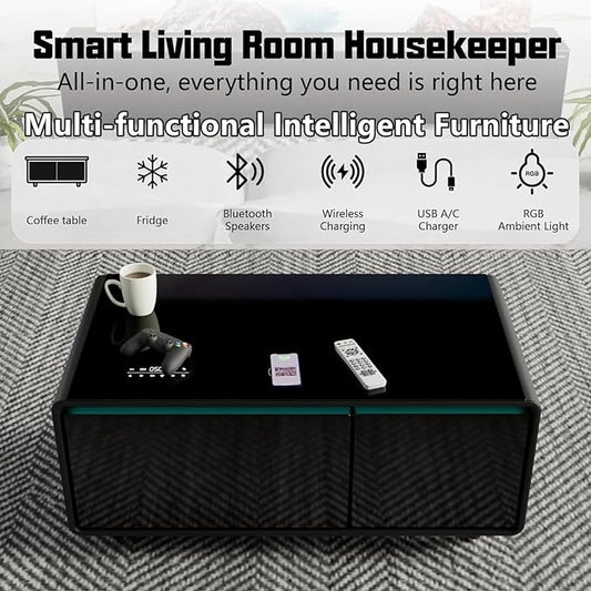 Smart Coffee Table with Fridge and Bluetooth, Smart Living Room Table with Frozen Drawers, Dual Speakers, 15W Wireless Charger, Touch Control, USB Ports, Atmosphere Light, LT90 Ultra-Black