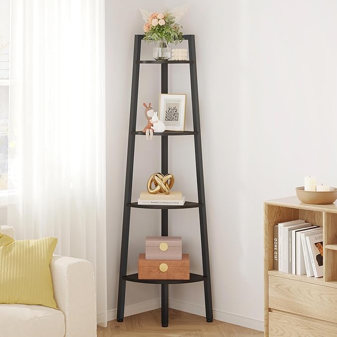 Hoctieon Corner Shelf, 4-Tier Corner Bookshelf, Rustic Ladder Shelf, Industrial Display Stand for Living Room, Kitchen, Home Office, Balcony, Small Space, Metal Frame, Black