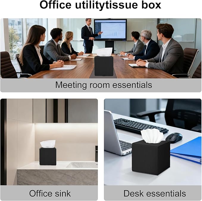 Black Square PU Leather Tissue Box Cover with Magnetic Bottom – Stylish Cube Holder for Napkins, Decorative for Bathroom, Living Room, Office, Car, Nightstand