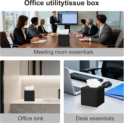 Black Square PU Leather Tissue Box Cover with Magnetic Bottom – Stylish Cube Holder for Napkins, Decorative for Bathroom, Living Room, Office, Car, Nightstand