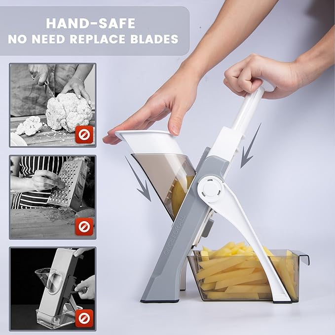 SupMaKin Safe Mandoline Slicer for Kitchen, Vegetable Food Potato Chip Slicer Maual Adjustable Thickness, Chopping Artifact Fast Veggie Salad Chopper Light Gray