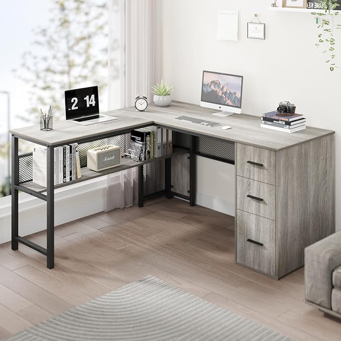 LVB Reversible Gray L Shaped Corner Desk, Farmhouse Wood Computer Desk with File Drawers Cabinets, Large Work Study Executive Home Office Desk with Storage Shelves for Bedroom, Light Grey Oak, 59 Inch