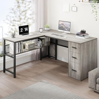 LVB Reversible Gray L Shaped Corner Desk, Farmhouse Wood Computer Desk with File Drawers Cabinets, Large Work Study Executive Home Office Desk with Storage Shelves for Bedroom, Light Grey Oak, 59 Inch