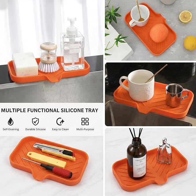 MicoYang Silicone Soap Dish with Drain Spout — Self-Draining Sink Organizer Tray for Bathroom & Kitchen, Sponges, Dispensers & Soap Holder, Non-Slip & Dishwasher Safe, Orange (Medium, 9.6"×5.3")