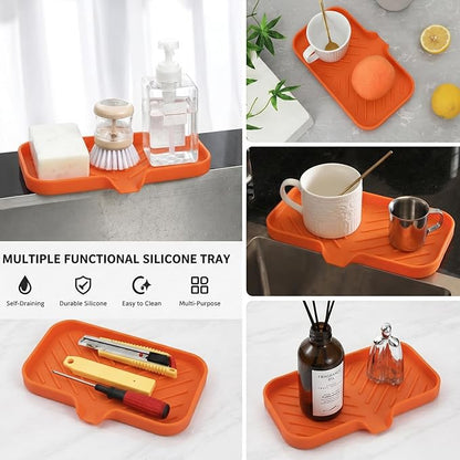 MicoYang Silicone Soap Dish with Drain Spout — Self-Draining Sink Organizer Tray for Bathroom & Kitchen, Sponges, Dispensers & Soap Holder, Non-Slip & Dishwasher Safe, Orange (Medium, 9.6"×5.3")