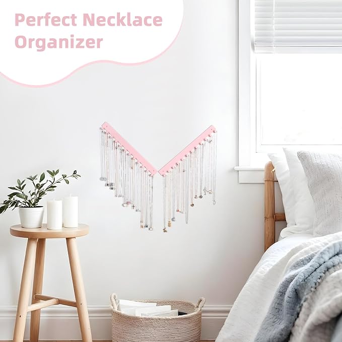 Acrylic Necklace Holder 4 Pack Wall Mounted Necklace Organizer Hanging Jewelry Organizer with 12 Hooks for Necklaces, Bracelets, Rings and Bangles Display Pink