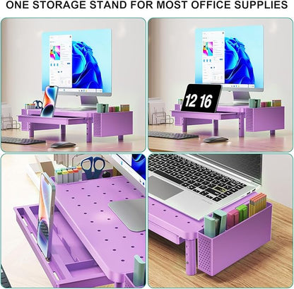 WALI Computer Monitor Stand with Storage, Desk Organizer with Drawer and Pen Holder, Desk Monitor Riser 3 Height Adjustable, Laptop Riser for Laptop, Printer (PTT003-V), 1 Pack, Violet