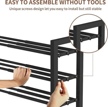 Upgraded 3-Tier Expandable Shoe Rack, Adjustable Shoe Shelf Storage Organizer Heavy Duty Metal Free Standing Shoe Rack for Entryway Closet Doorway (Black)