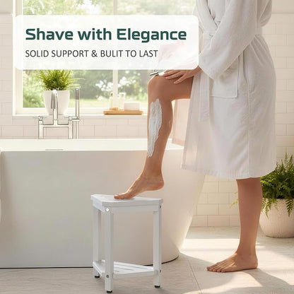 Shower Foot Rest 14in, HDPE Waterproof Shower Stool for Inside Shower, Corner Shower Stool for Shaving Legs with Storage Shelf, Shower Step Stool for Small Space, Plastic Corner Shower Bench, White