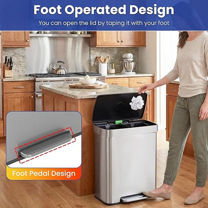 PayLessHere Dual Compartment Recycling Trash Can with Removable Buckets, 60L Stainless Steel Foot Pedal Trash Can with Soft-Close Lid for Home, Kitchen, Office, Bathroom.