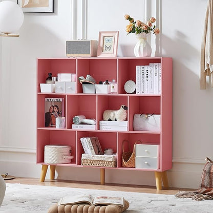 LEYAOYAO 10 Cube Bookshelf,3 Tier Modern Wide Bookcase with Legs,Mid-Century Wood Bookshelves Storage，Light Pink Large Book Case,Freestanding Organizer Display Shelf for Bedroom,Living Room,Office