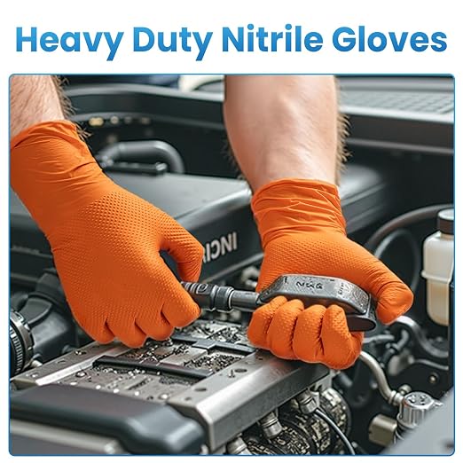 Borje Orange 8 Mil Nitrile Disposable Gloves, Heavy-Duty Mechanic Gloves, 100 Count, Large, Latex & Powder Free with Raised Diamond Texture, Industrial, Automotive, Gardening