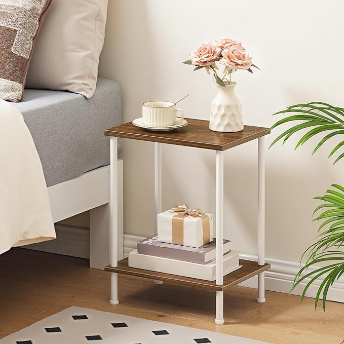 HOOBRO End Tables, Small Side Table, Nightstand with 2-Layer Storage Shelves, Sofa Table for Small Spaces, Living Room, Bedroom, Stable Frame, Easy Assembly, Walnut and White WH09BZ01