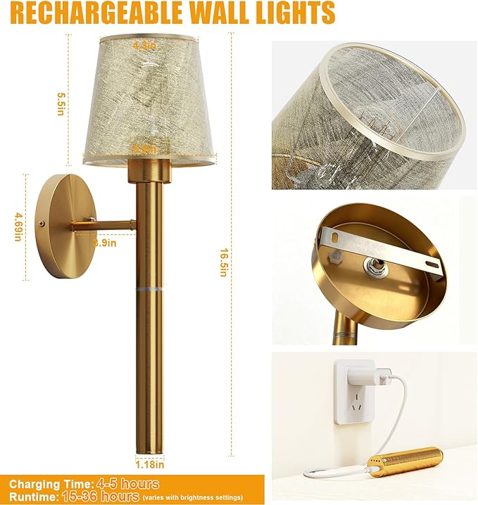 Battery Operated Wall Sconces Set of 2, 5200mAh Gold Rechargeable Wall Lights with 3 Color, Remote Control & Timer Function for Bedroom Living Room Hallway Decor