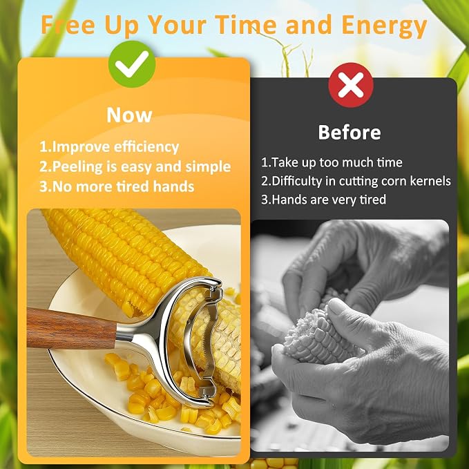 Stainless Steel Corn Peeler, Durable Corn on the Cob Stripper Tool with Solid Wood Good Grip Handle for Salad Polenta Pizza Popcorn Cooking Gifts for Woman Her Mom Birthday (Merbau)