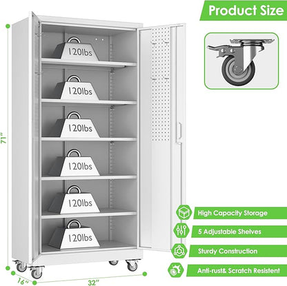 Reemoon71 H×32" W×16" D Metal Storage Cabinet with 5 Adjustable Shelves and Pegboard,Metal Garage Storage Cabinet with Wheels for Garage Home Office Utility Room,Required Assembly,White